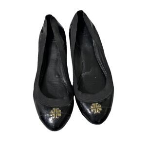TORY BURCH GOLD LOGO TOE BLACK LEATHER FLATS WOMENS 9.5